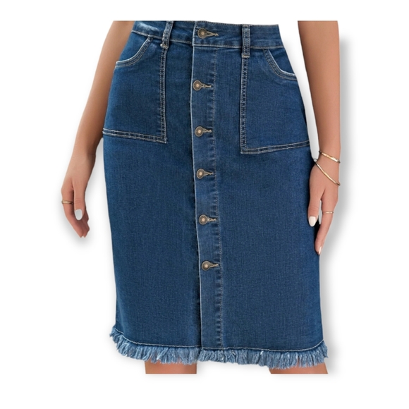 Dresses & Skirts - Luvamia Women's Frayed Hem Button Down Denim Skirt